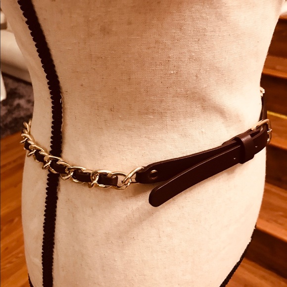 Women Brown Gold Chain Skinny Belt - Picture 4 of 6